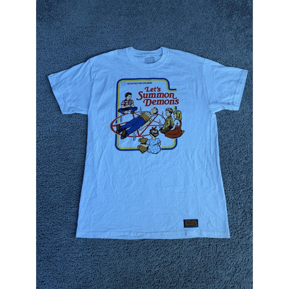 Steven Rhodes Shirt Mens M White Let's Summon Demons Graphic Crew Neck Tagless
